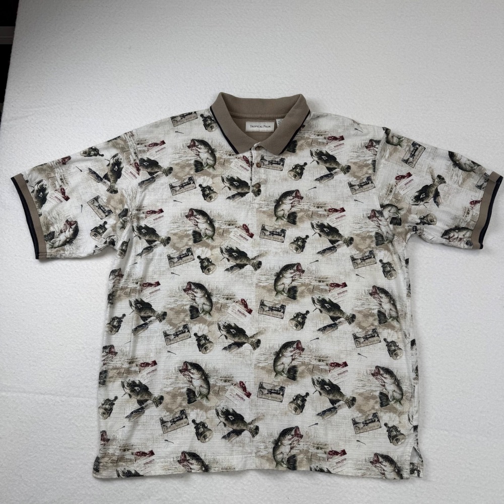 Tropical Palm Fishing Bass All Over Print Cotton Slub Polo Shirt Novelty XL